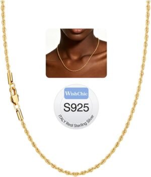 MAIN 18K Gold Plated 925 Sterling Silver Chain Necklace for Women, 1.5mm / 2mm Rope Chain for Women Sturdy & Non Tarnish Women's Chain Necklace, 14/16/18/20/22/24 Inches