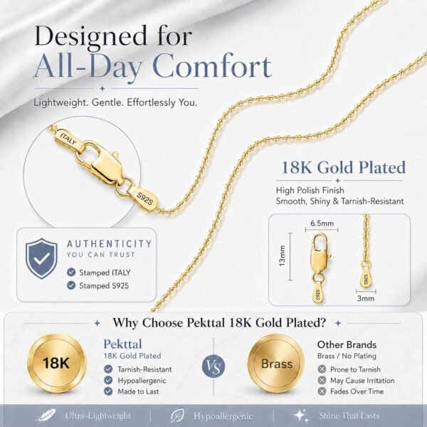 PT04 1.5mm/2.0mm Chain 14K/18k Gold Plated 925 Sterling Silver Chain Necklace for Women, Dainty Chain Necklace Silver Necklace Women's Necklace Chains Jewelry 14/16/18/20/22/24 Inch