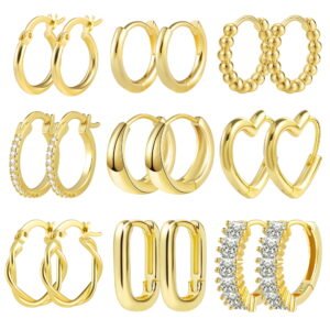 主图-01 14K Gold Plated Hypoallergenic Small Hoop Earrings Set, Chunky Huggie Stackable Earrings for Women