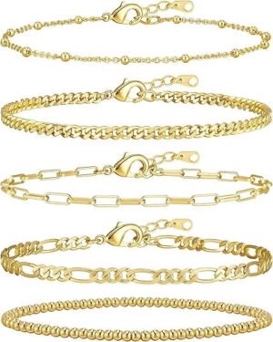 Gold Bracelets for Women, 14K Gold Plated Stackable Bracelet Stack Set Adjustable Charm Paperclip Chain Cuban Link Layered Waterproof Jewelry Sets Gifts for Womens