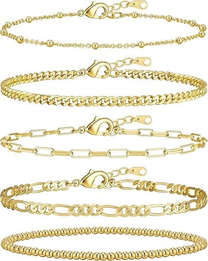 主图-01 Gold Bracelets for Women, 14K Gold Plated Stackable Bracelet Stack Set Adjustable Charm Paperclip Chain Cuban Link Layered Waterproof Jewelry Sets Gifts for Womens