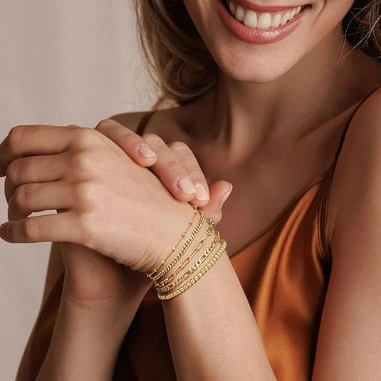 主图-02 Gold Bracelets for Women, 14K Gold Plated Stackable Bracelet Stack Set Adjustable Charm Paperclip Chain Cuban Link Layered Waterproof Jewelry Sets Gifts for Womens