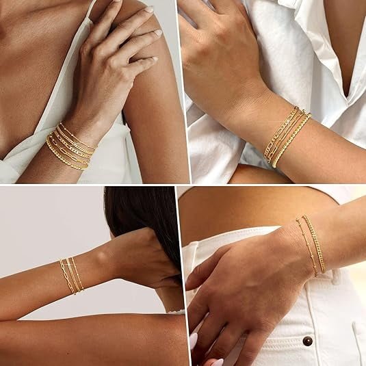 主图-03 Gold Bracelets for Women, 14K Gold Plated Stackable Bracelet Stack Set Adjustable Charm Paperclip Chain Cuban Link Layered Waterproof Jewelry Sets Gifts for Womens